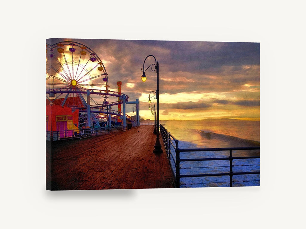 Pier Wheel at Dusk, santa monica pier sunset photograph, coastal canvas wall art print ready to hang