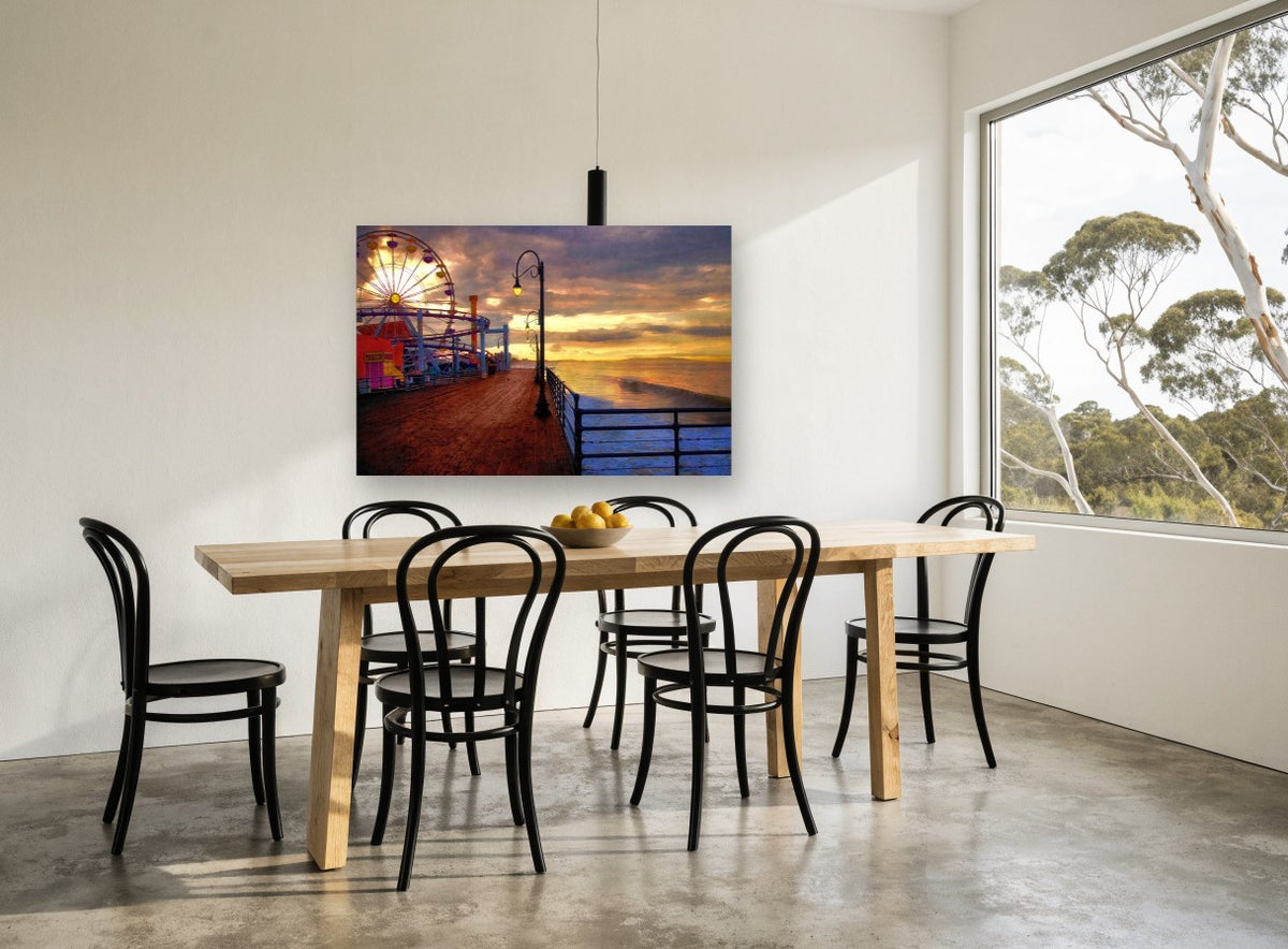 Pier Wheel at Dusk coastal canvas print on the wall of a dining room