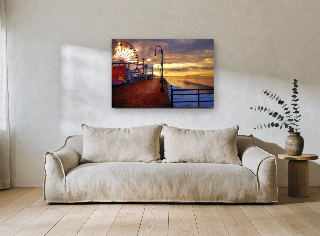 Pier Wheel at Dusk coastal canvas print on the wall of a living room