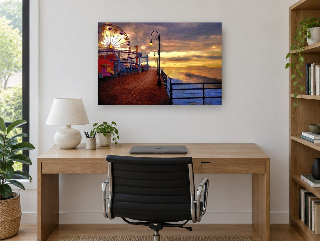 Pier Wheel at Dusk coastal canvas print on the wall of a study