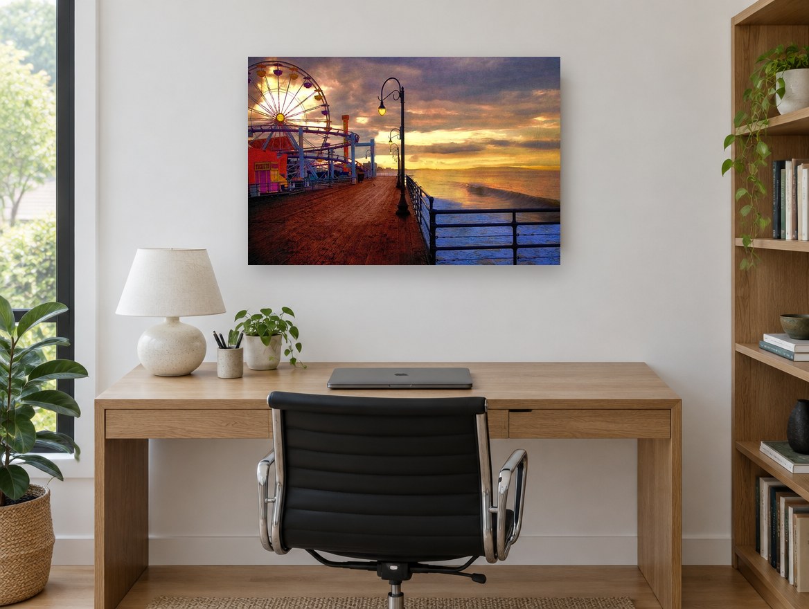 Pier Wheel at Dusk coastal canvas print on the wall of a study