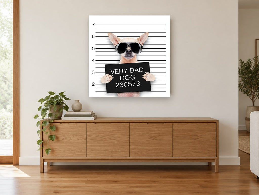 Very Bad Dog Lineup animal canvas print on the wall of a living room above a sideboard