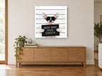 Very Bad Dog Lineup animal canvas print on the wall of a living room above a sideboard