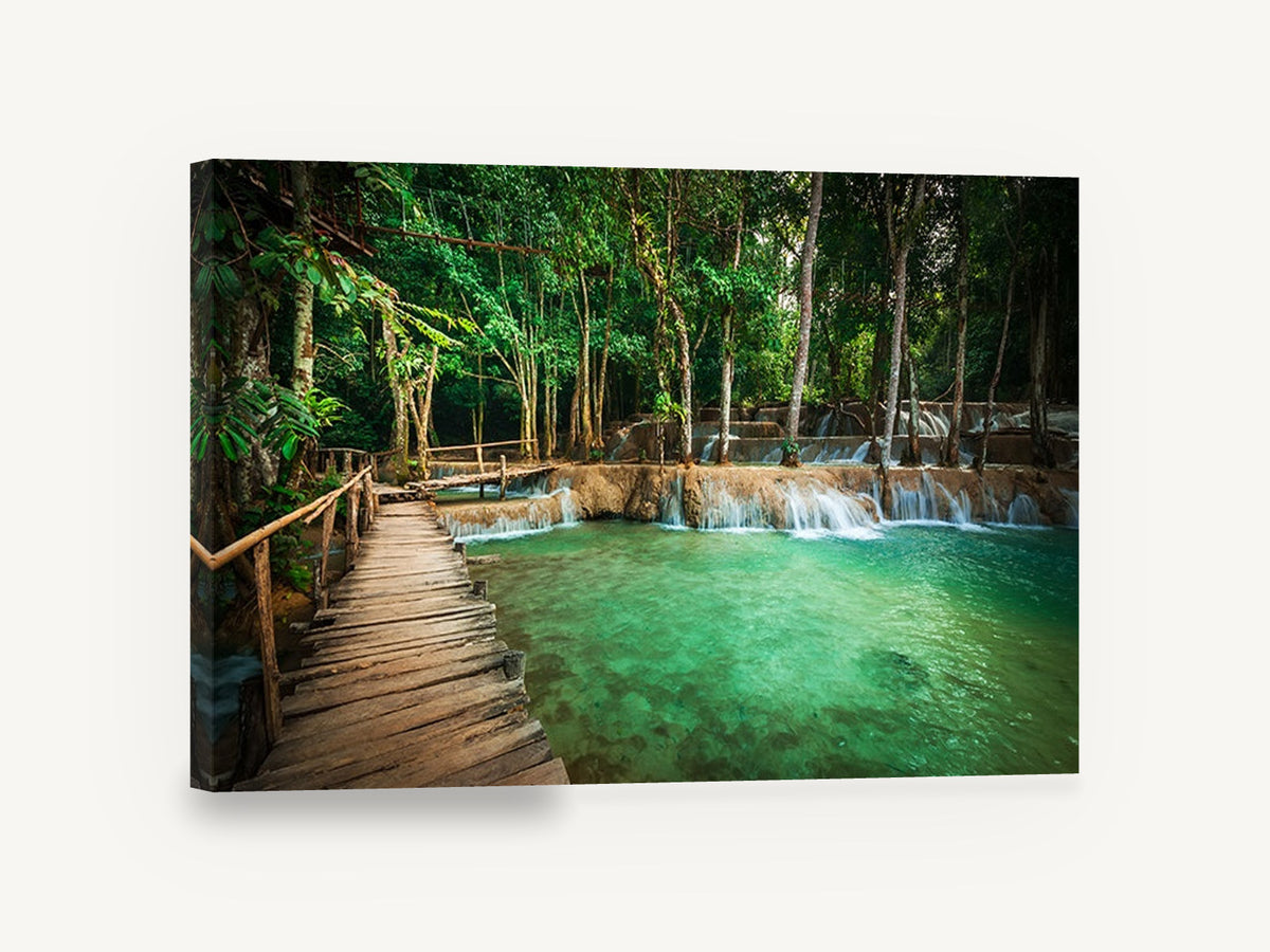 Turquoise Jungle Boardwalk, jungle boardwalk turquoise waterfall photograph, landscape canvas wall art print ready to hang