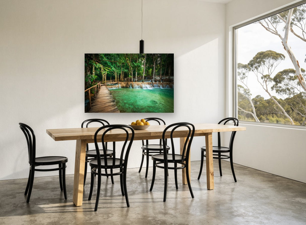 Turquoise Jungle Boardwalk landscape canvas print on the wall of a dining room