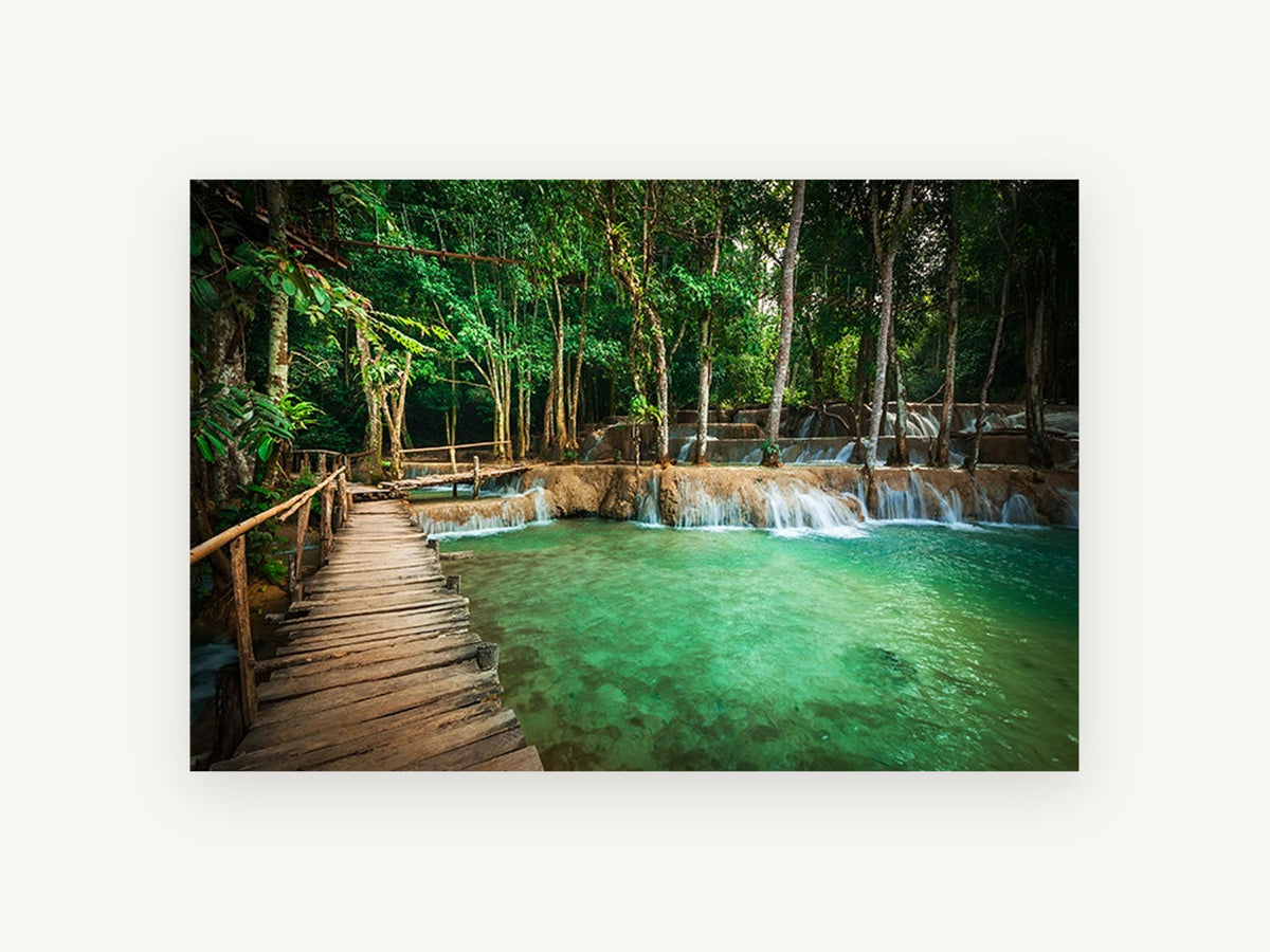 Turquoise Jungle Boardwalk, jungle boardwalk turquoise waterfall photograph, landscape canvas wall art print, front view