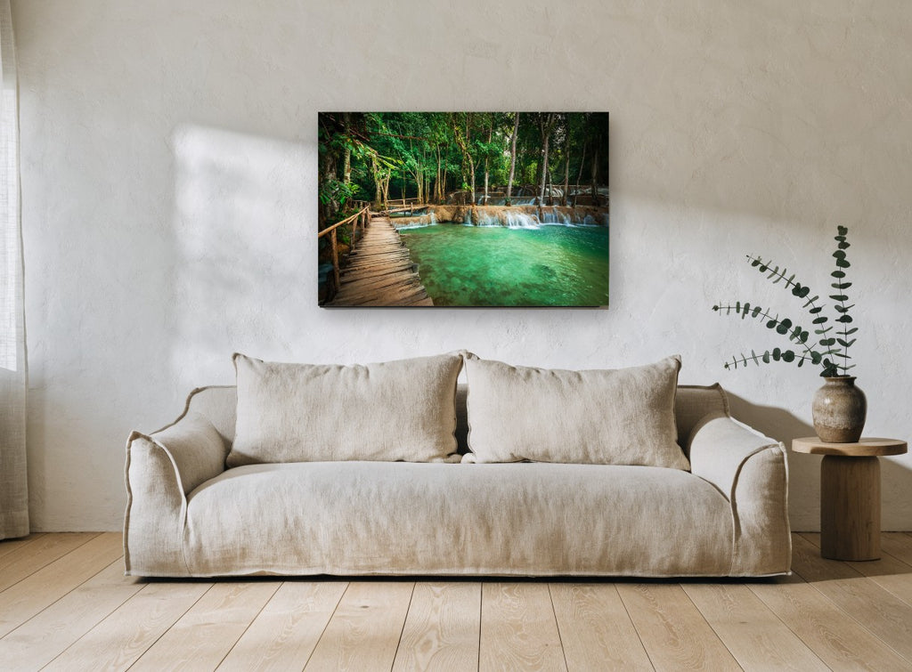 Turquoise Jungle Boardwalk landscape canvas print on the wall of a living room
