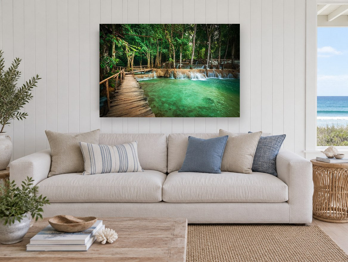 Turquoise Jungle Boardwalk landscape canvas print on the wall of a beach house living room