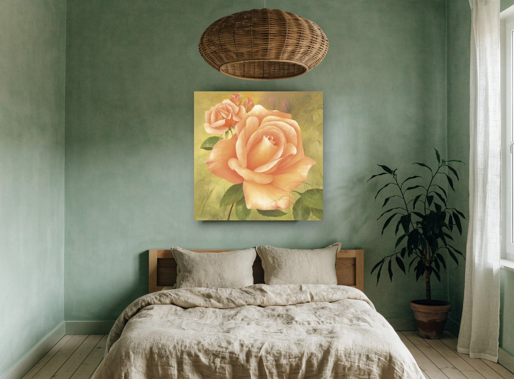 Apricot Rose Garden floral canvas print on the wall of a bedroom