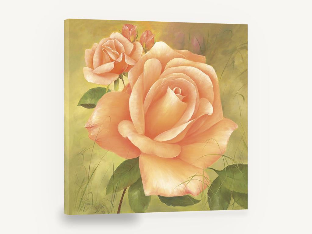 Apricot Rose Garden, apricot rose green floral painting, floral canvas wall art print ready to hang