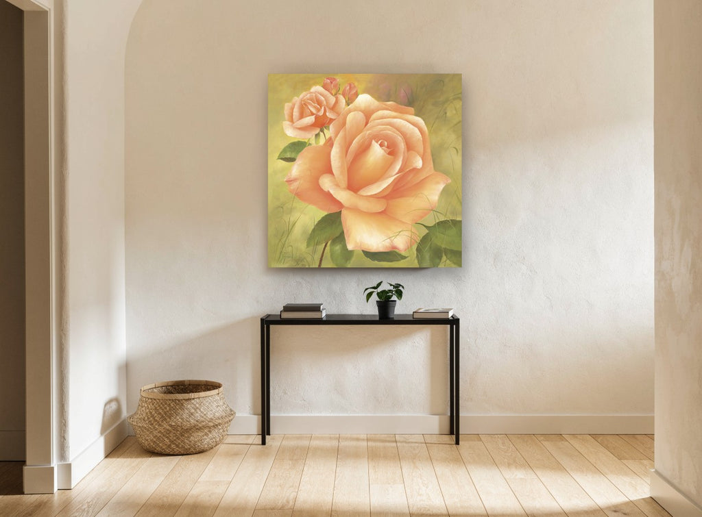 Apricot Rose Garden floral canvas print on the wall of a hallway