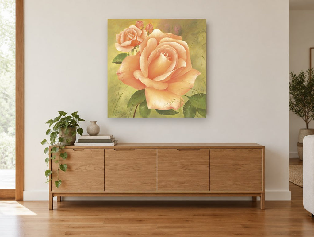 Apricot Rose Garden floral canvas print on the wall of a living room above a sideboard