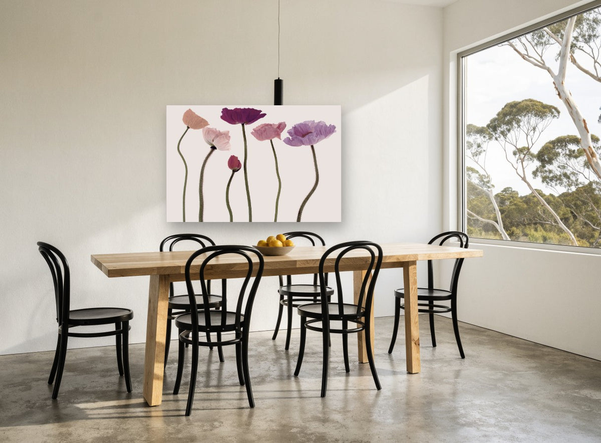Poppy Row in Blush floral canvas print on the wall of a dining room