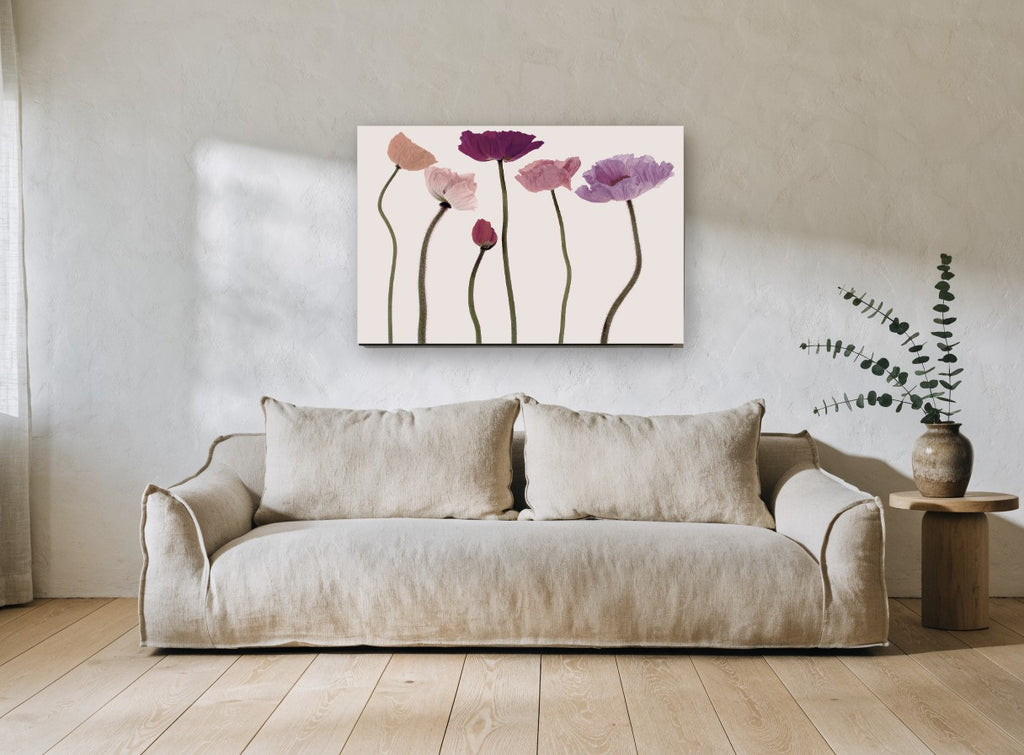 Poppy Row in Blush floral canvas print on the wall of a living room