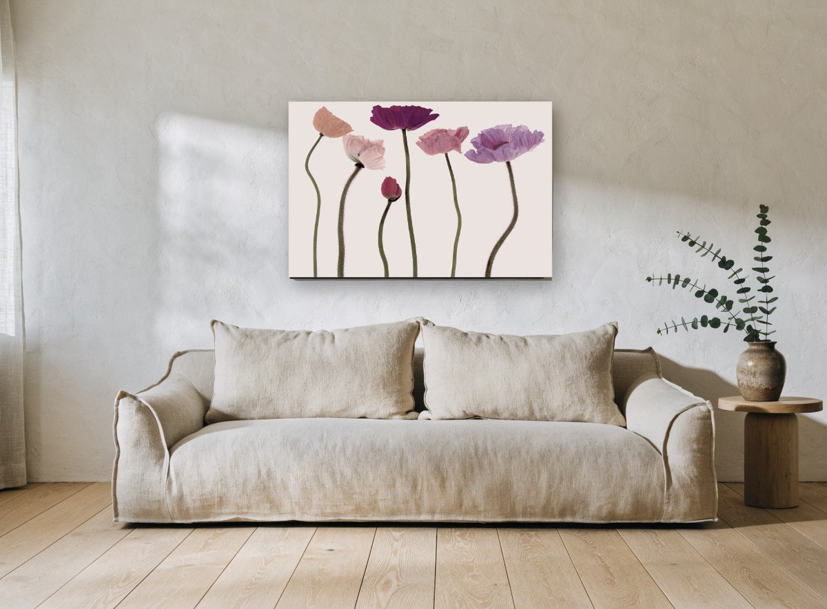 Poppy Row in Blush floral canvas print on the wall of a living room