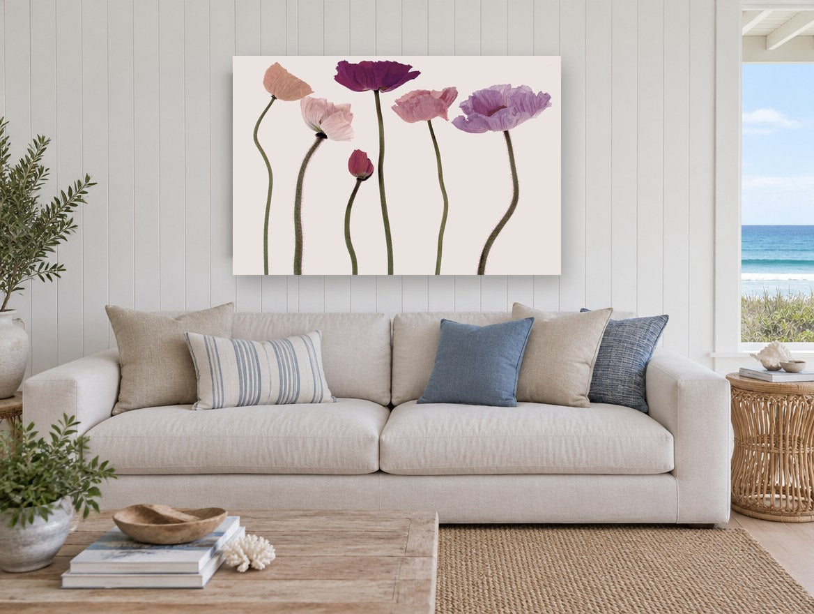 Poppy Row in Blush floral canvas print on the wall of a beach house living room