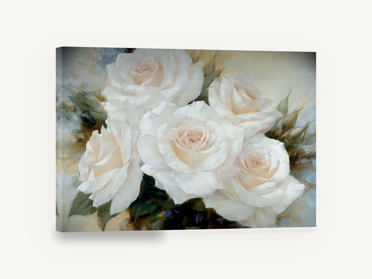 Cream Rose Cluster, white roses soft floral painting, floral canvas wall art print ready to hang