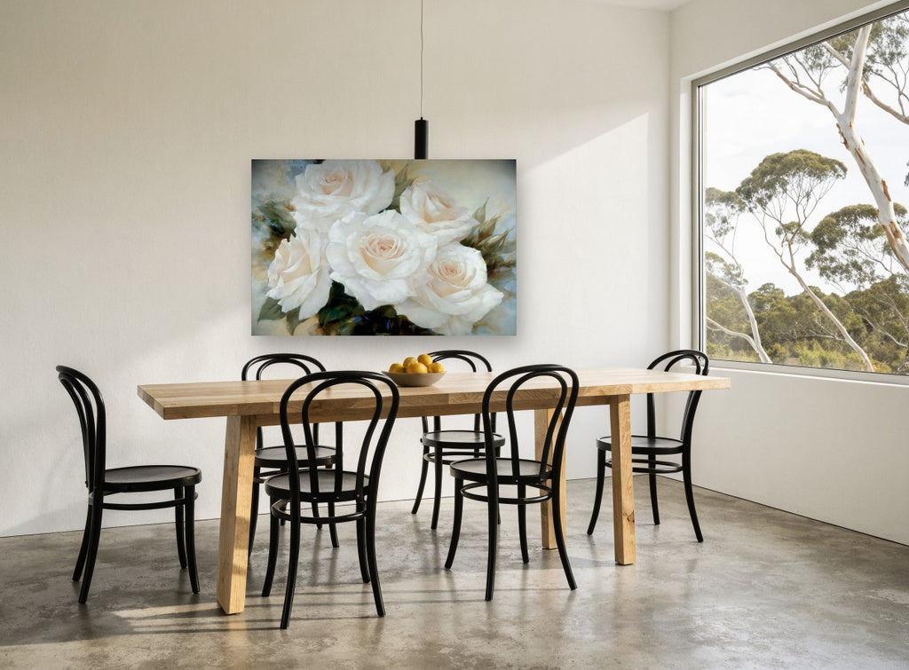 Cream Rose Cluster floral canvas print on the wall of a dining room