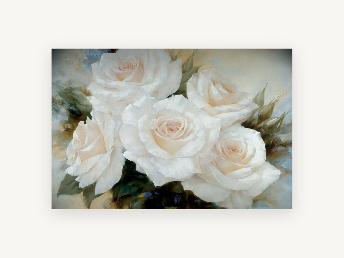 Cream Rose Cluster, floral canvas wall art print, front view