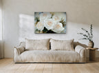Cream Rose Cluster floral canvas print on the wall of a living room