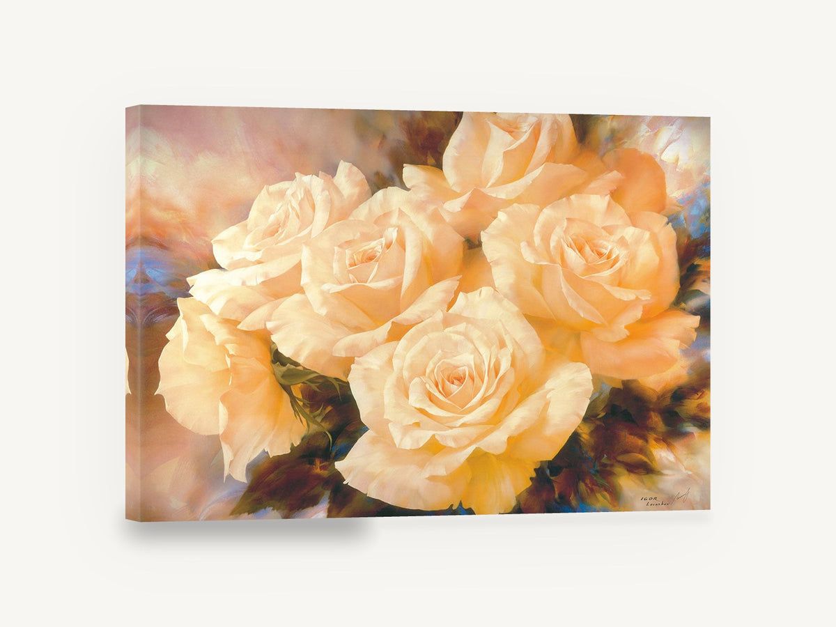 Champagne Rose Cluster, cream champagne roses floral painting, floral canvas wall art print ready to hang