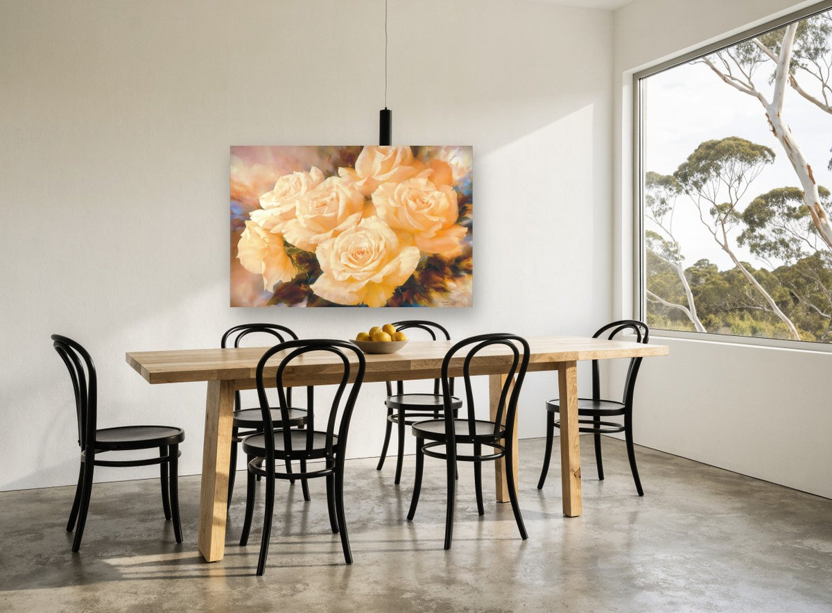 Champagne Rose Cluster floral canvas print on the wall of a dining room