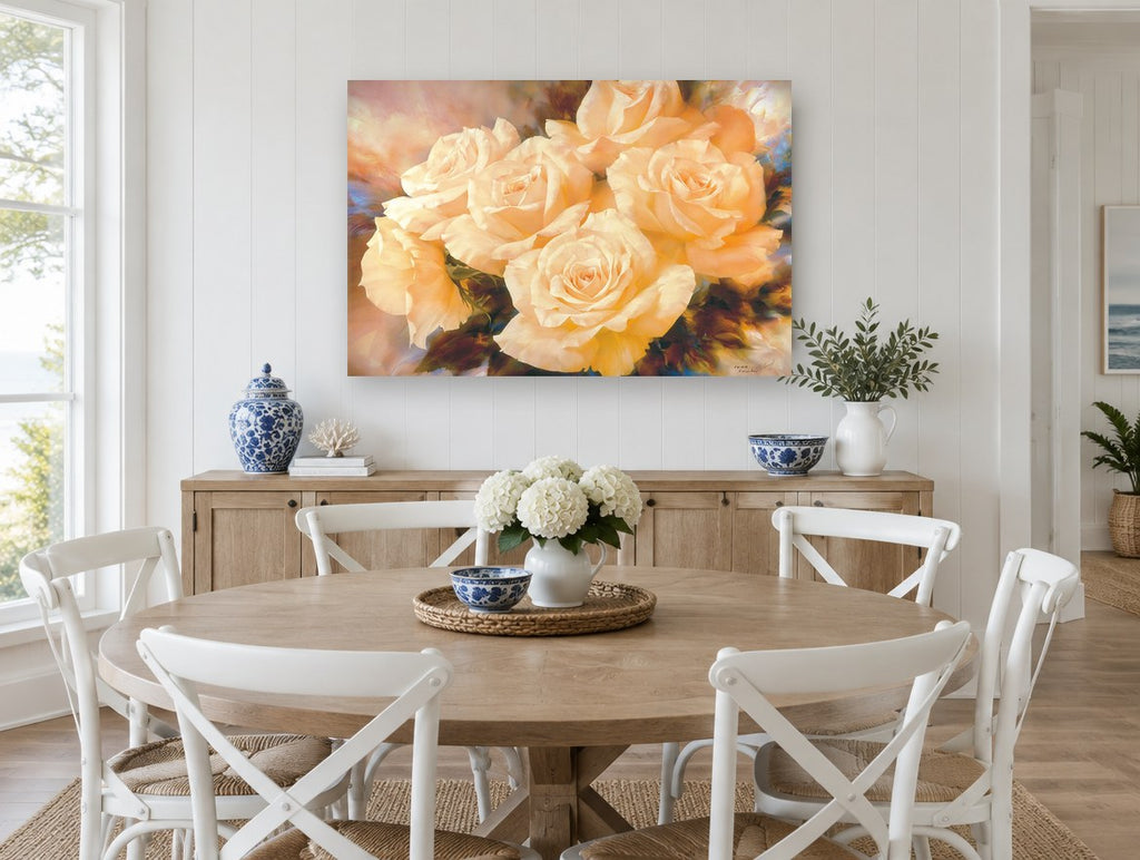 Champagne Rose Cluster floral canvas print on the wall of a Hamptons dining room
