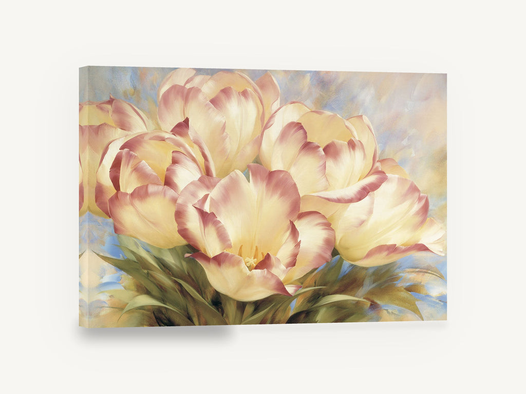 Blushed Cream Tulips, cream and pink tulips floral painting, floral canvas wall art print ready to hang