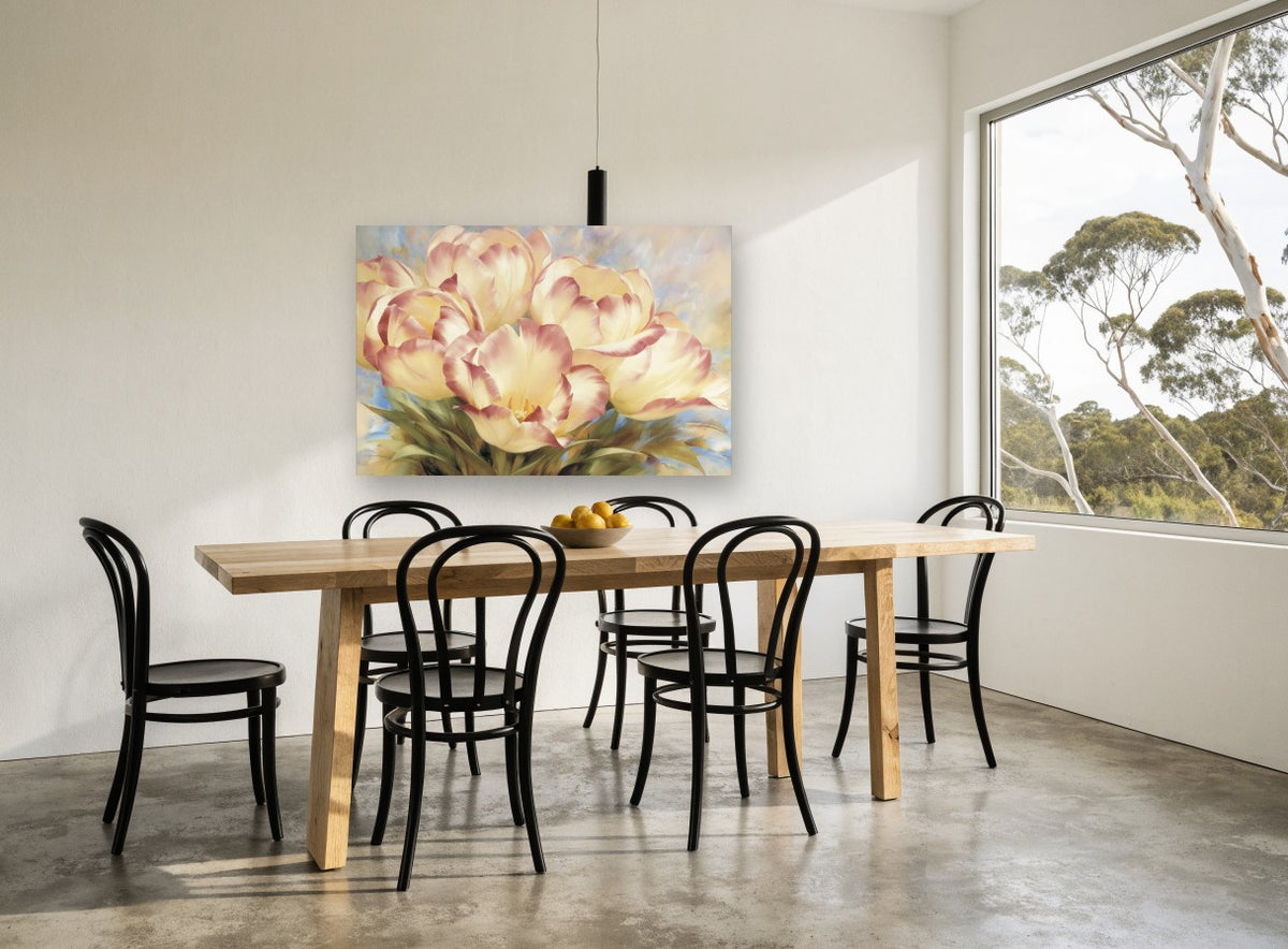 Blushed Cream Tulips floral canvas print on the wall of a dining room