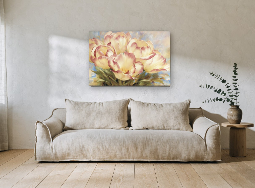 Blushed Cream Tulips floral canvas print on the wall of a living room