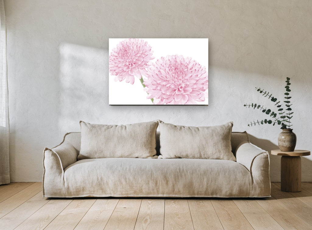Soft Pink Pompom Pair floral canvas print on the wall of a living room
