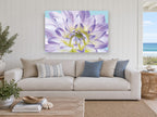 Lilac Dahlia Bloom floral canvas print on the wall of a beach house living room