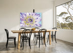 Lilac Dahlia Close floral canvas print on the wall of a dining room