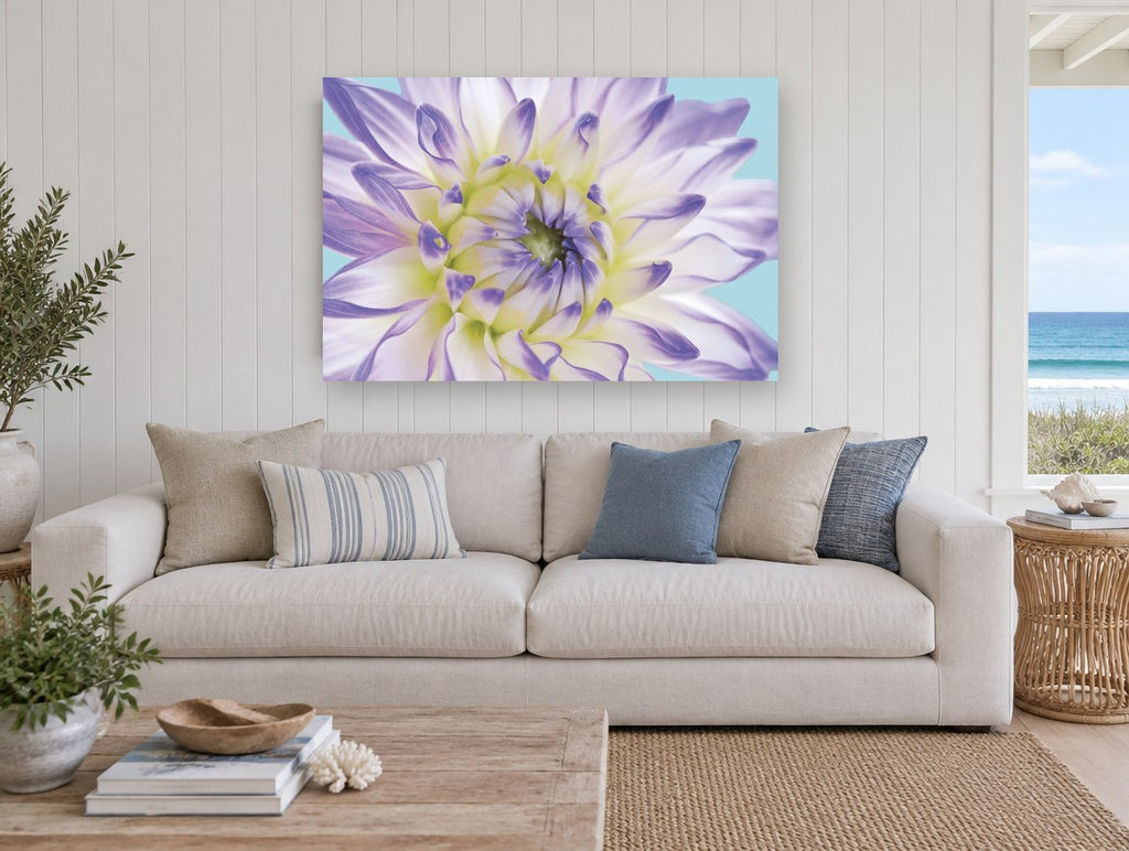 Lilac Dahlia Close floral canvas print on the wall of a beach house living room