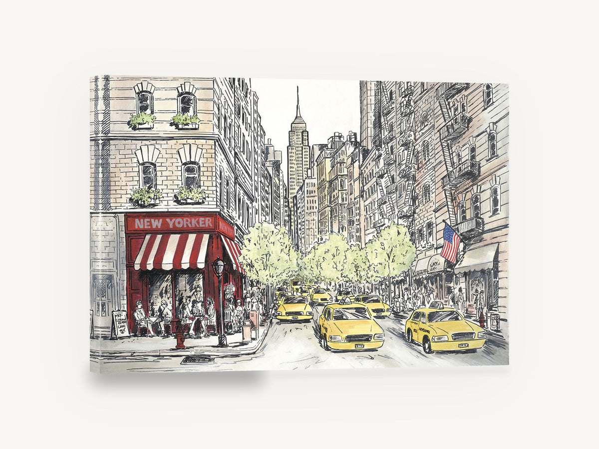 New Yorker Corner Cafe, new york street scene ink illustration, city canvas wall art print ready to hang