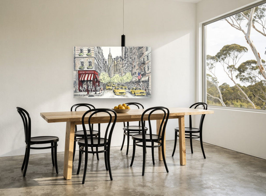 New Yorker Corner Cafe city canvas print on the wall of a dining room