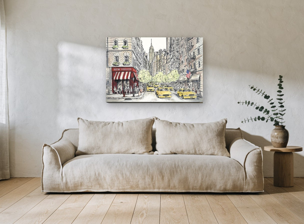 New Yorker Corner Cafe city canvas print on the wall of a living room