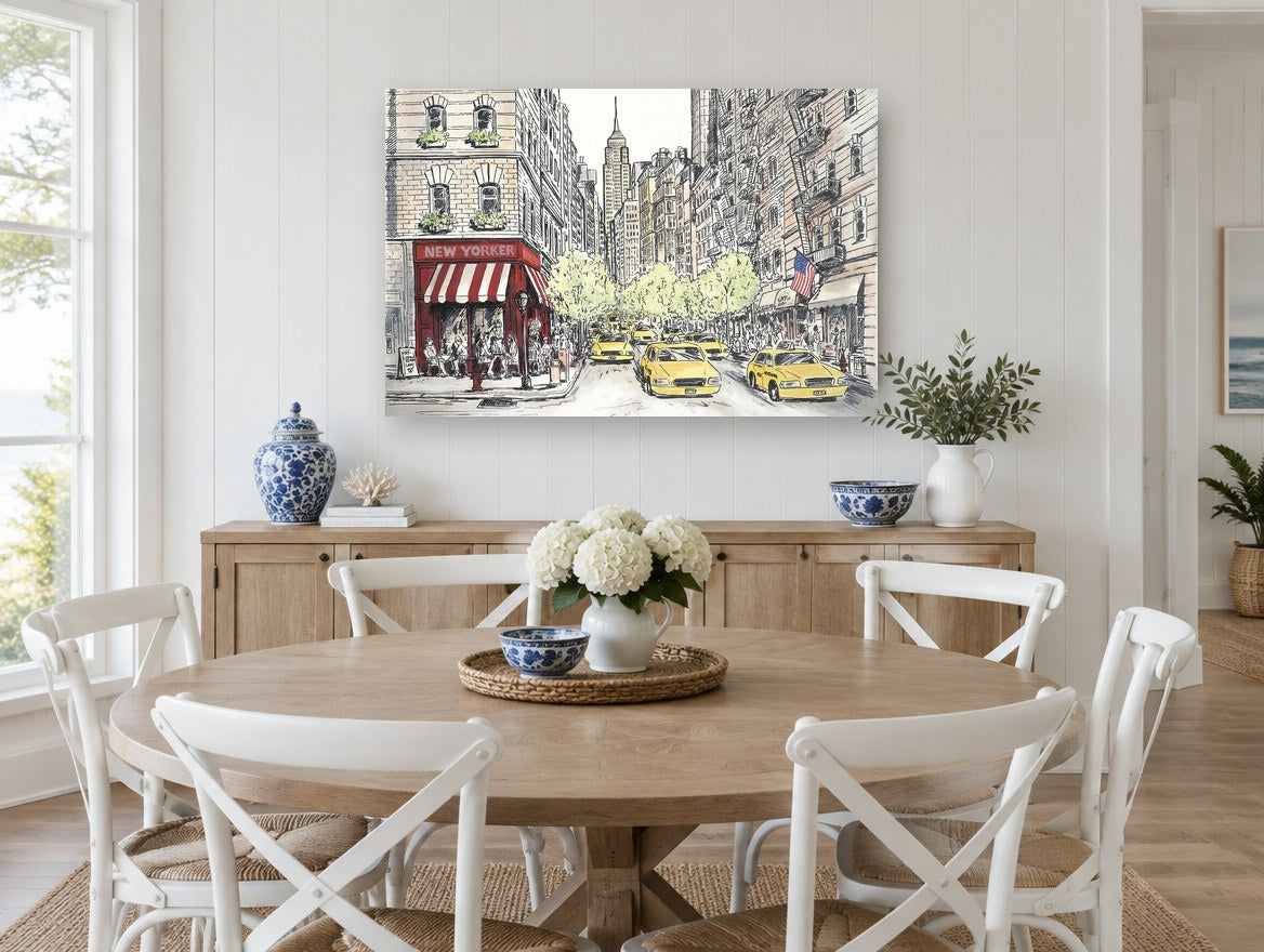 New Yorker Corner Cafe city canvas print on the wall of a Hamptons dining room