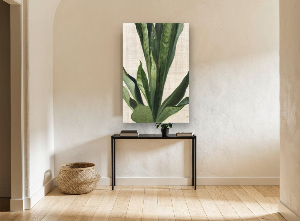 Snake Plant on Linen floral canvas print on the wall of a hallway