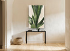 Snake Plant on Linen floral canvas print on the wall of a hallway