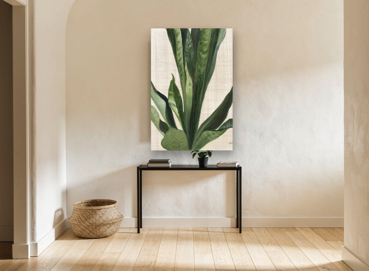 Snake Plant on Linen floral canvas print on the wall of a hallway