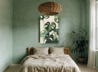 Monstera on Linen floral canvas print on the wall of a bedroom