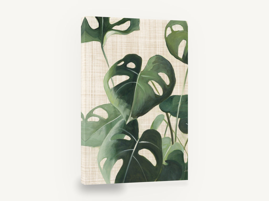 Monstera on Linen, monstera leaves painting on linen, floral canvas wall art print ready to hang