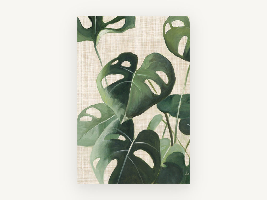Monstera on Linen, floral canvas wall art print, front view