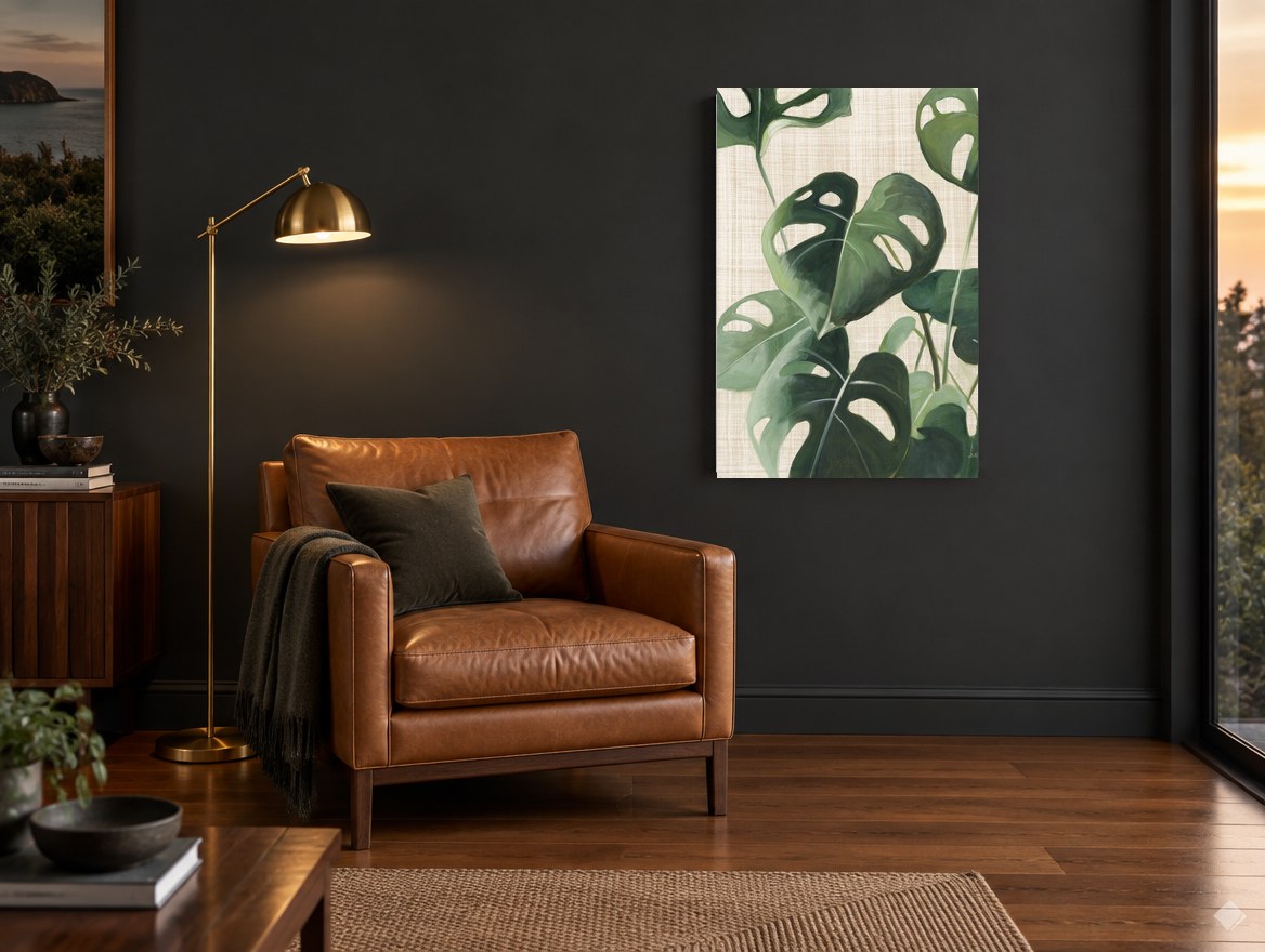 Monstera on Linen floral canvas print on the wall of a charcoal living room