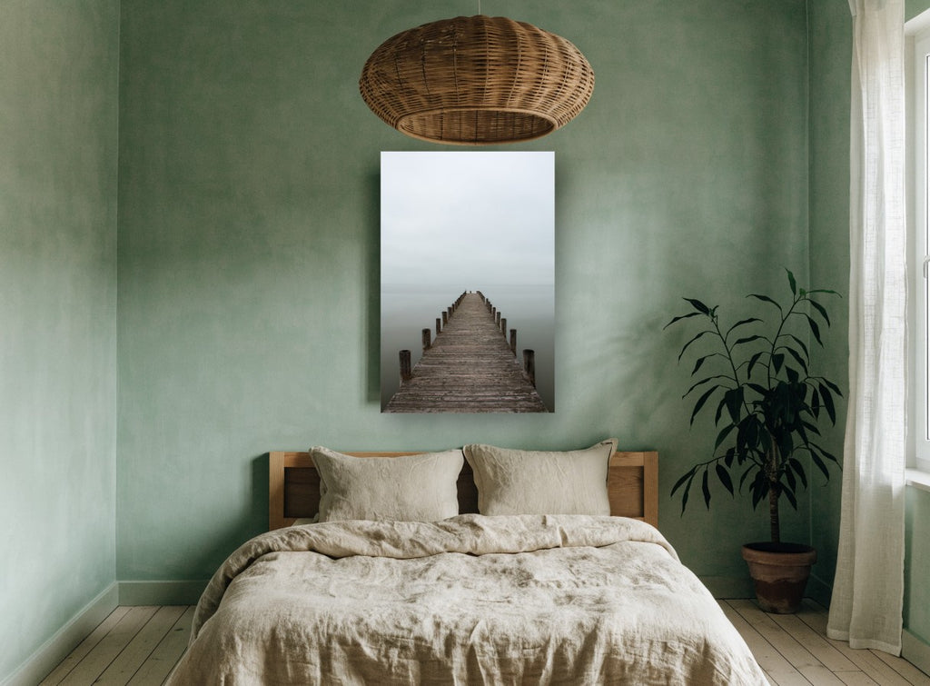 Quiet Jetty Fade coastal canvas print on the wall of a bedroom