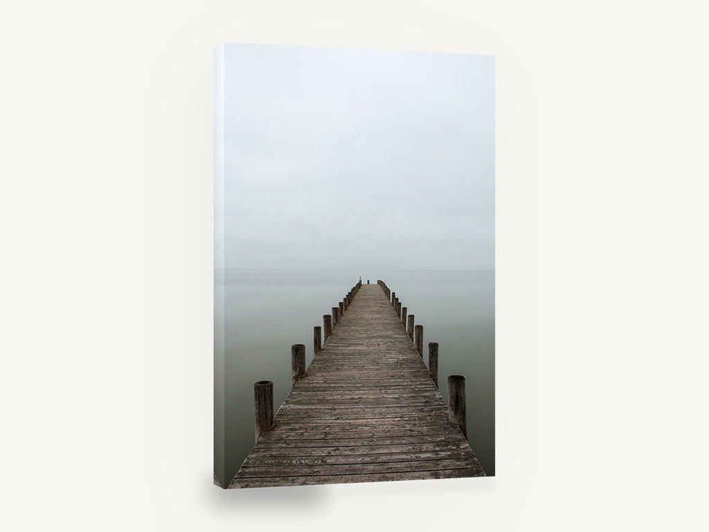 Quiet Jetty Fade, misty jetty over calm water photograph, coastal canvas wall art print ready to hang