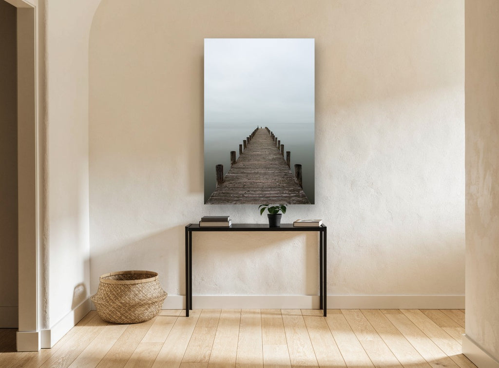 Quiet Jetty Fade coastal canvas print on the wall of a hallway