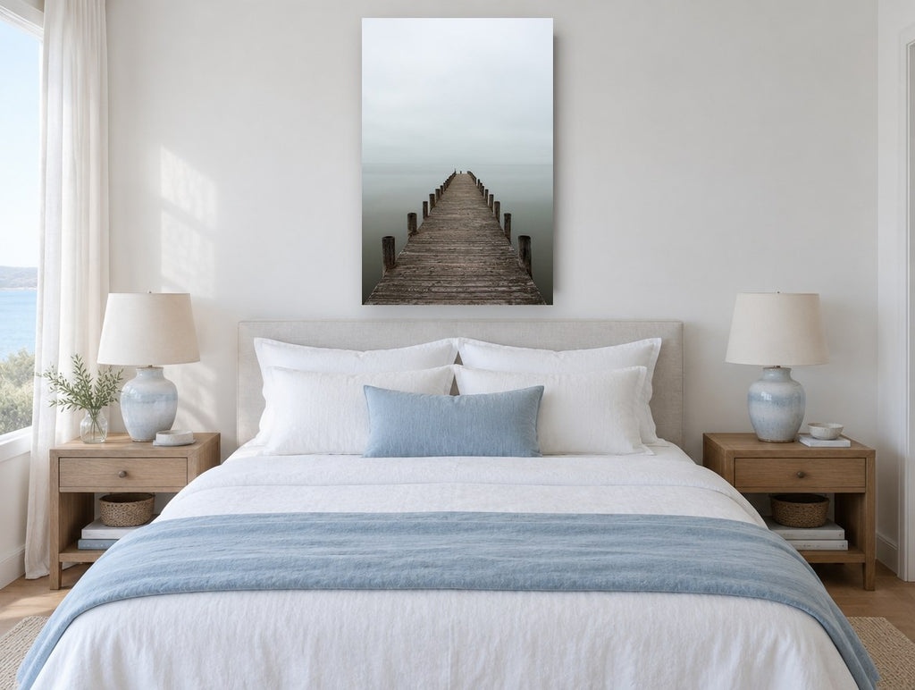 Quiet Jetty Fade coastal canvas print on the wall of a coastal bedroom