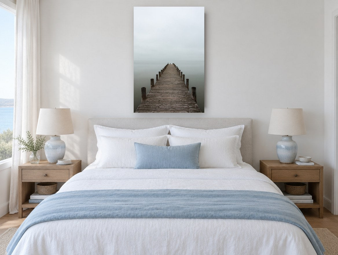 Quiet Jetty Fade coastal canvas print on the wall of a coastal bedroom